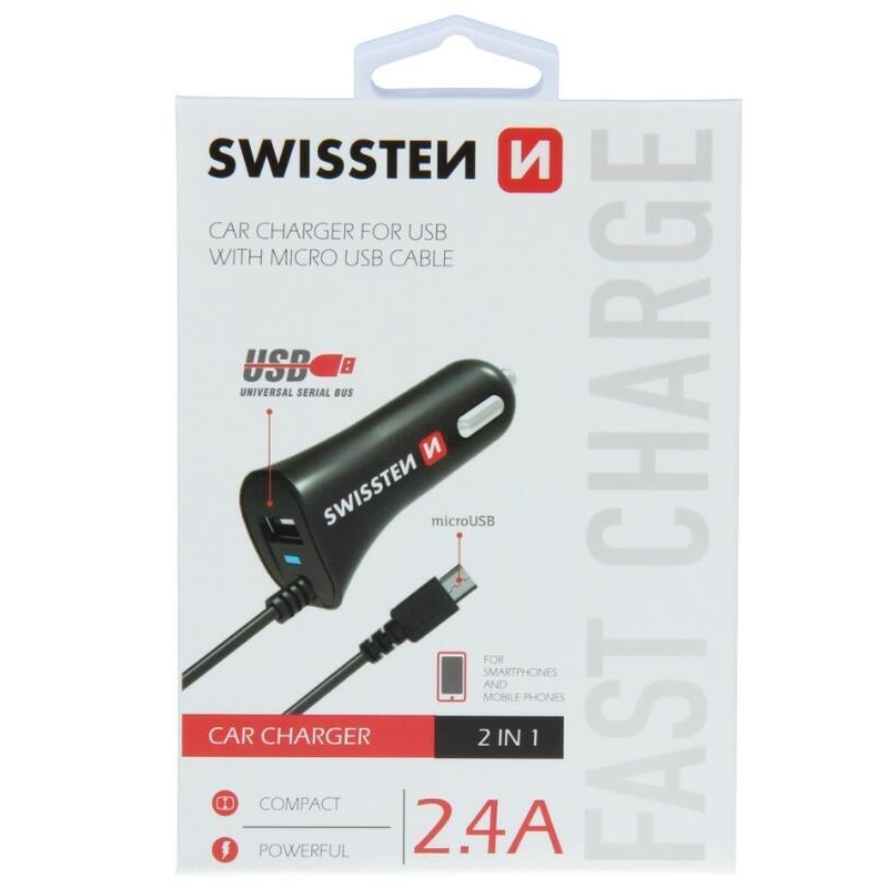 Nabíjačka do auta Swissten CL adaptér micro USB a USB 2.4A - čierna