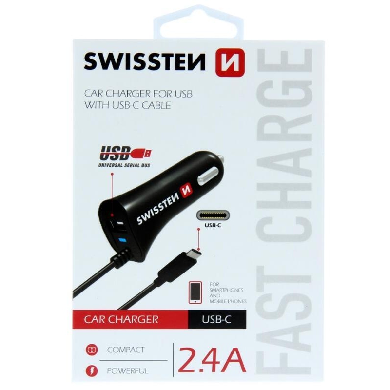 Nabíjačka do auta Swissten CL adaptér USB-C a USB 2.4A - čierna