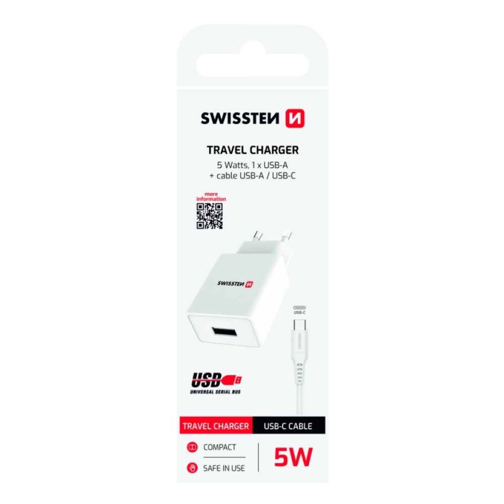 Nabíjačka Swissten Smart IC 1x USB 1A + kábel USB/Typ-C 1,2m - biela