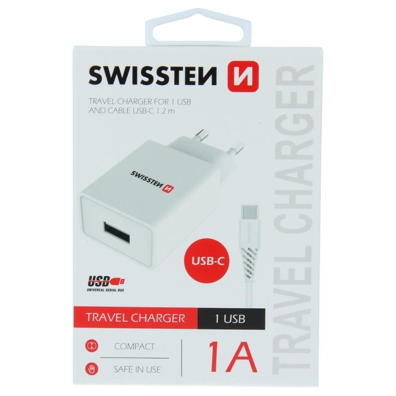 Nabíjačka Swissten Smart IC 1x USB 1A + kábel USB/Typ-C 1,2m - biela
