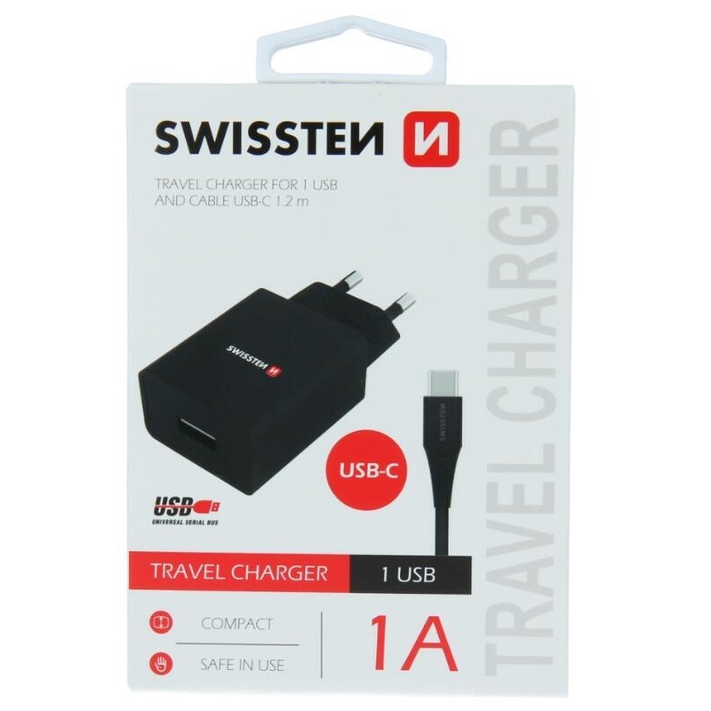 Nabíjačka Swissten Smart IC 1x USB 1A + kábel USB / Typ-C 1,2 m - čierna