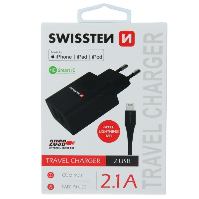 Nabíjačka Swissten SMART IC 2.1A 2x USB + kábel USB / Lightning MFI 1,2 m - čierna