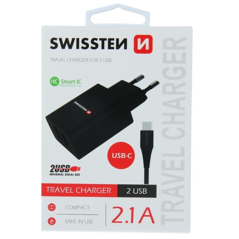 Nabíjačka Swissten Smart IC 2x USB 2,1 A + kábel USB / Typ-C 1,2 m - čierna