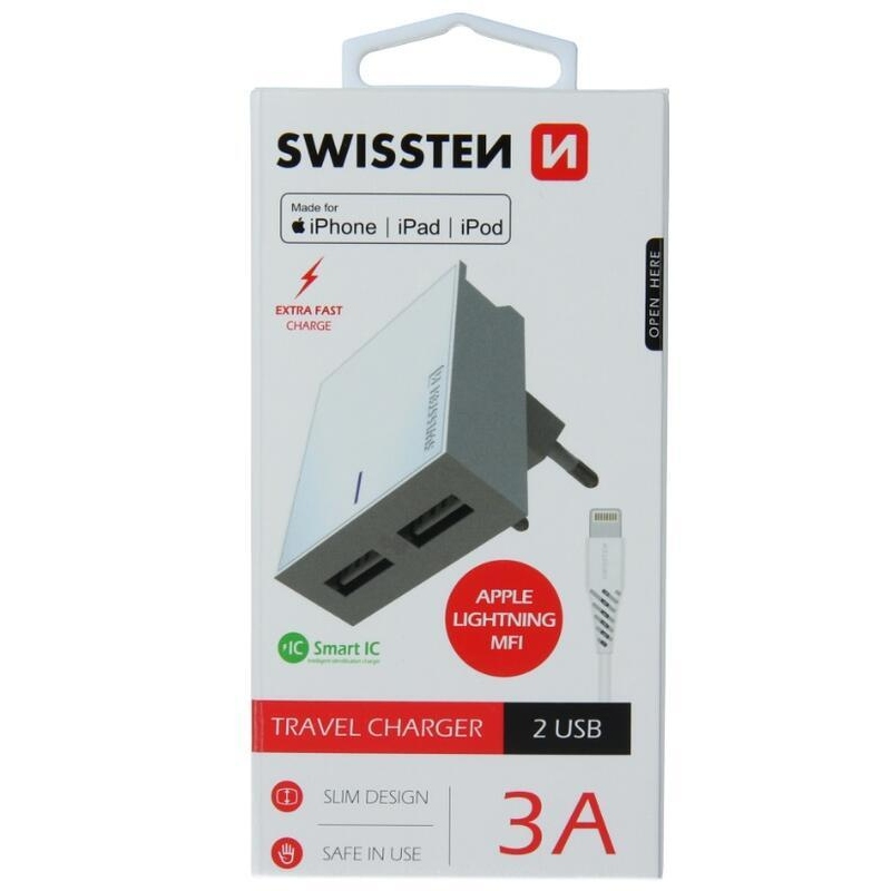 Nabíjačka Swissten SMART IC 3A 2x USB + kábel USB / Lightning MFI 1,2 m - biela