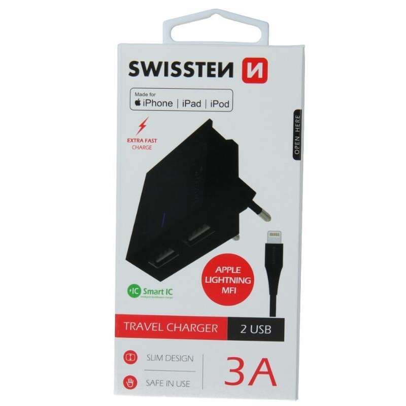 Nabíjačka Swissten SMART IC 3A 2x USB + kábel USB / Lightning MFI 1,2 m - čierna