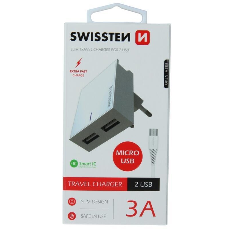 Nabíjačka Swissten SMART IC 3A 2x USB + kábel USB/micro USB 1,2m - biela