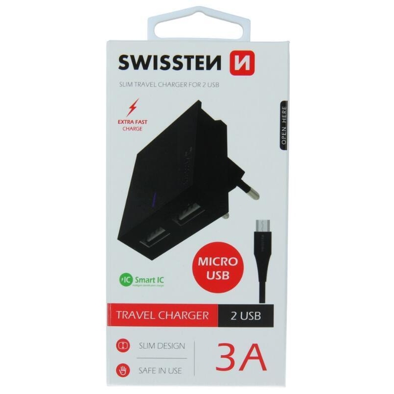 Nabíjačka Swissten SMART IC 3A 2x USB + kábel USB/micro USB 1,2m - čierna