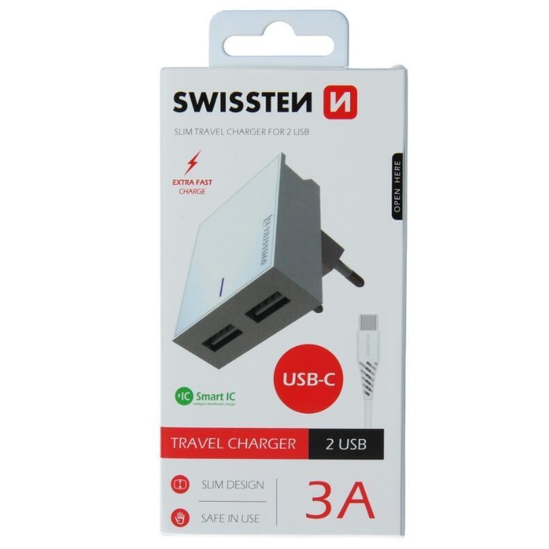 Nabíjačka Swissten SMART IC 3A 2x USB + kábel USB/Typ C 1,2m - biela