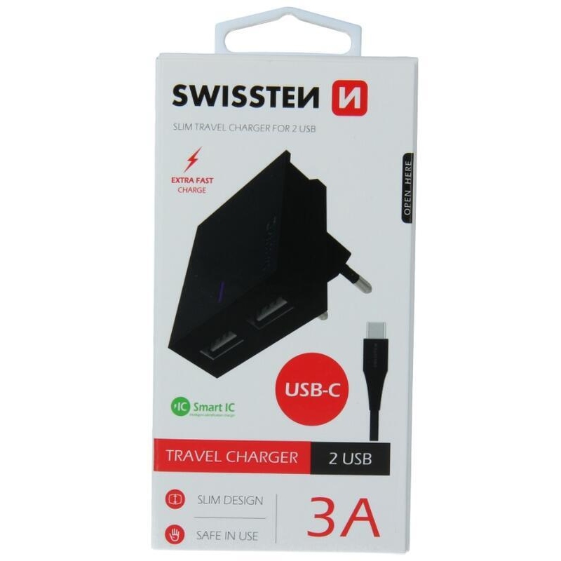 Nabíjačka Swissten SMART IC 3A 2x USB + kábel USB/Typ C 1,2 m - čierna