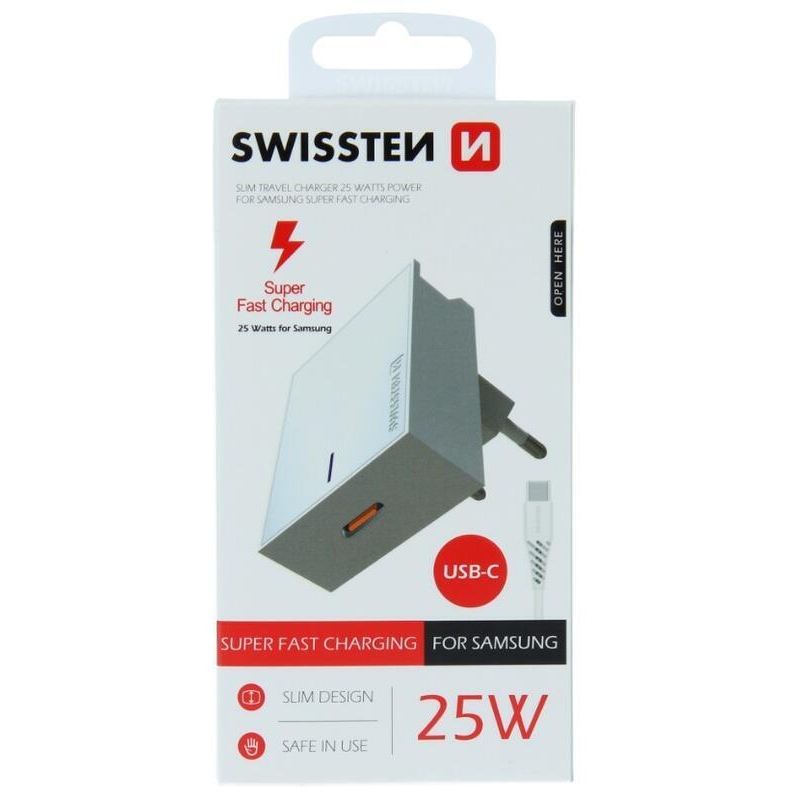 Nabíjačka Swissten super fast 25W pre Samsung + kábel USB-C/USB-C 1,2m - biela