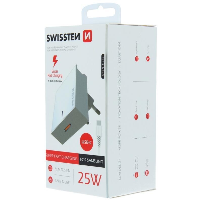 Nabíjačka Swissten super fast 25W pre Samsung + kábel USB-C/USB-C 1,2m - biela