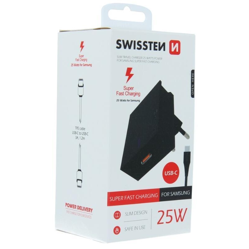 Nabíjačka Swissten super fast 25W pre Samsung + kábel USB-C/USB-C 1,2m - čierna