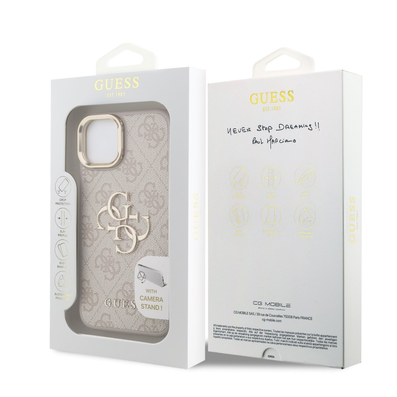 Guess PU 4G Metal Logo Stand Camera Frame Zadný Kryt pre iPhone 14 Pink