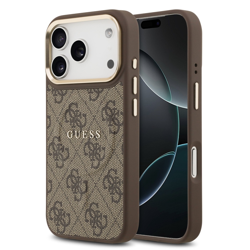 Guess PU kožený zadný kryt 4G Gold Frame MagSafe pre iPhone 17 Pro Brown