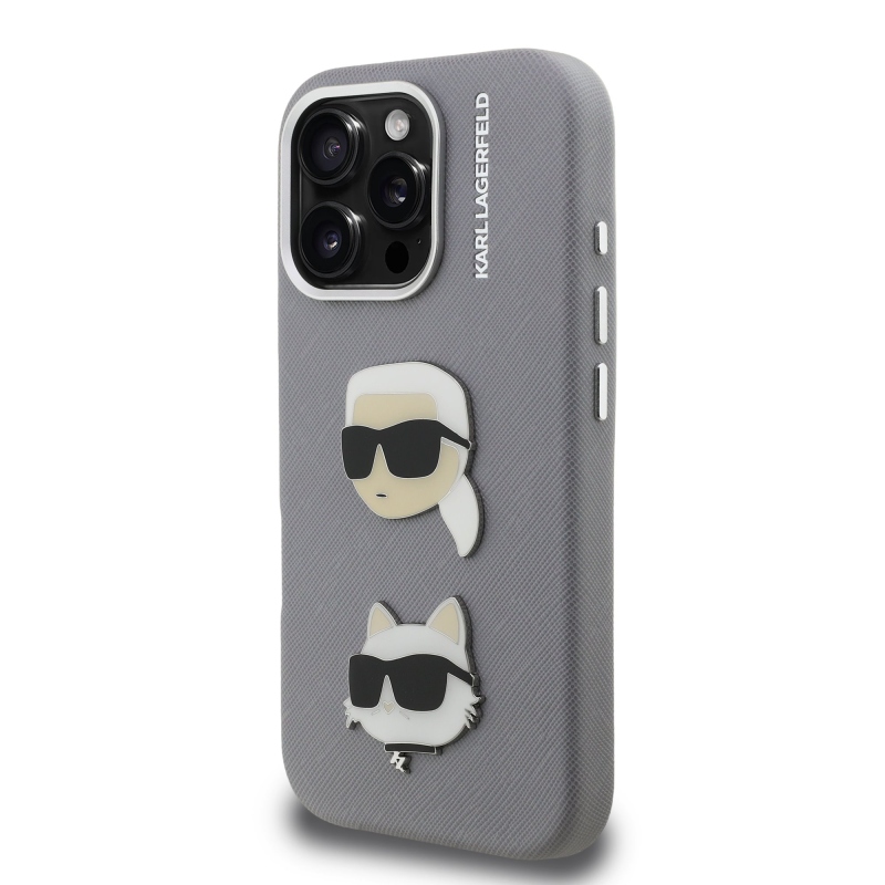 Karl Lagerfeld Grained PU K&CH Heads Zadný Kryt pre iPhone 16 Pro Grey