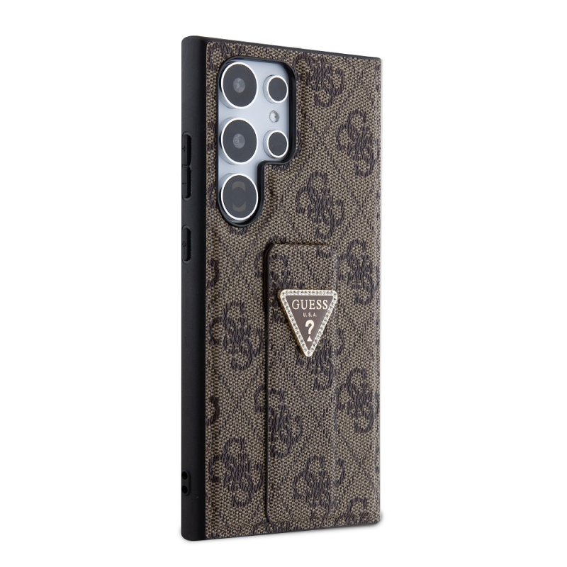 Guess PU Grip Stand 4G Strass Triangle Metal Logo Zadný kryt pre Samsung Galaxy S24 Ultra Brown