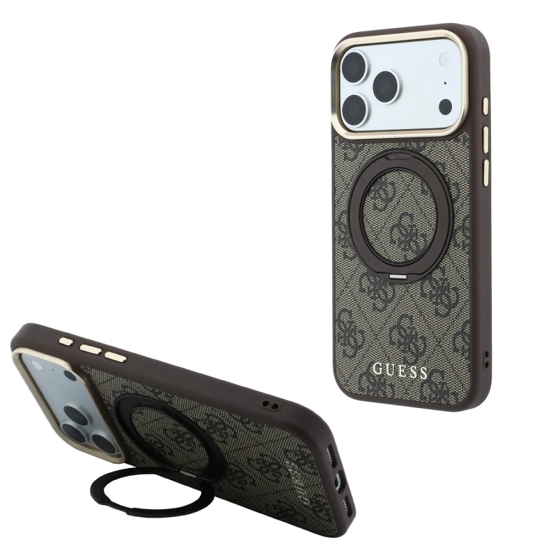 Guess PU 4G Ring Stand MagSafe zadný kryt pre iPhone 18 Pro, hnedý