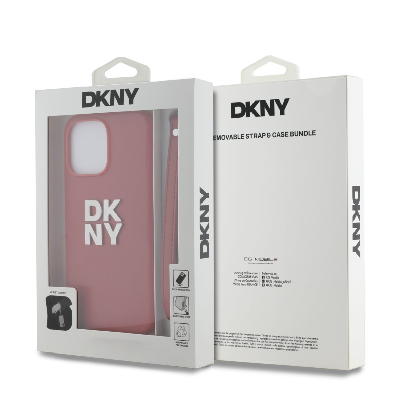 DKNY PU Leather Stack Logo Wrist Strap Zadný Kryt pre iPhone 14 Pro Red