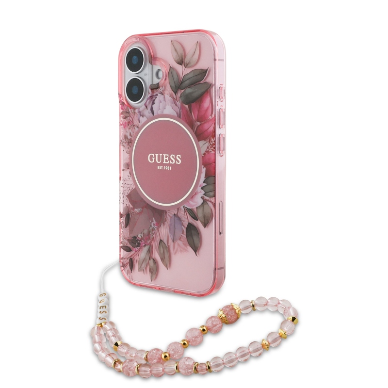 Guess IML Flowers Strap MagSafe zadný kryt pre iPhone 16 Plus Pink