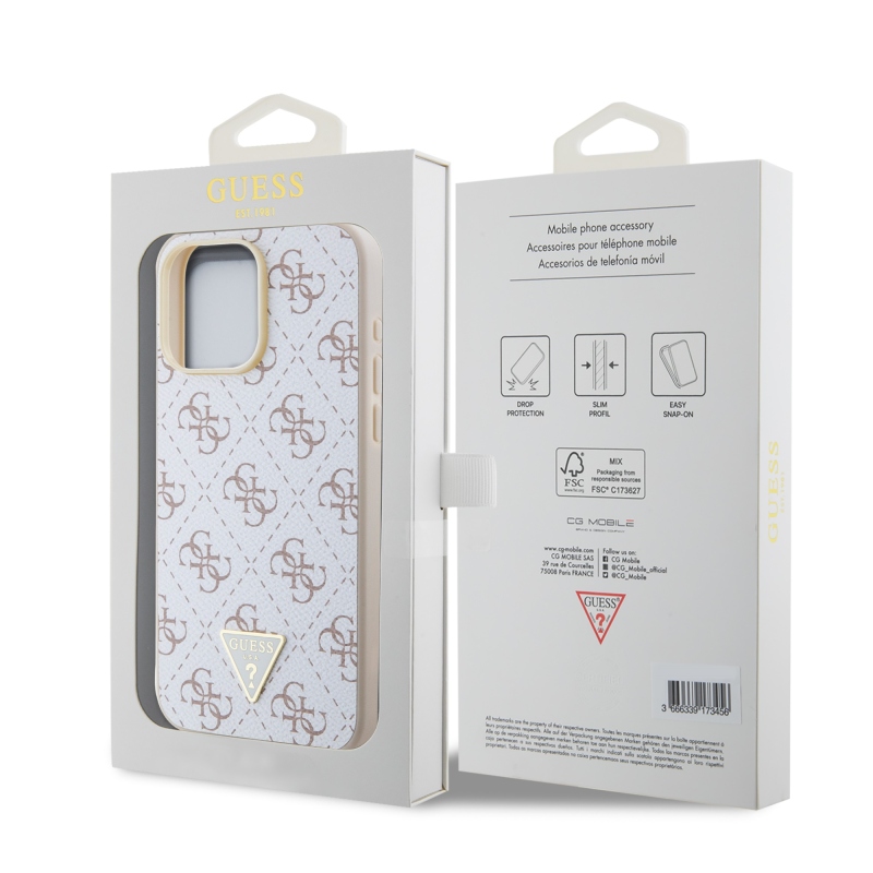 Guess PU Leather 4G Triangle Metal Logo Zadný Kryt pre iPhone 15 Pro Max White