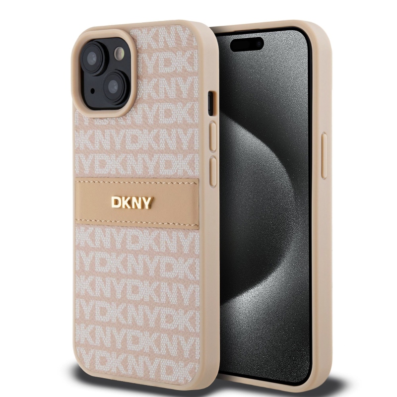 DKNY PU Leather Repeat Pattern Tonal Stripe Zadný Kryt pre iPhone 15 Pink