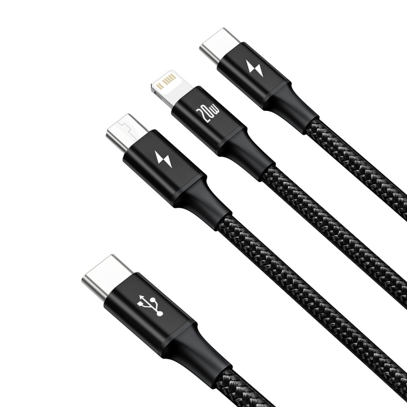 Baseus Rapid Series 3v1 Fast Charging Dátový Kábel USB-C - USB-C/Lighting/MicroUSB 20W 1.5m Black