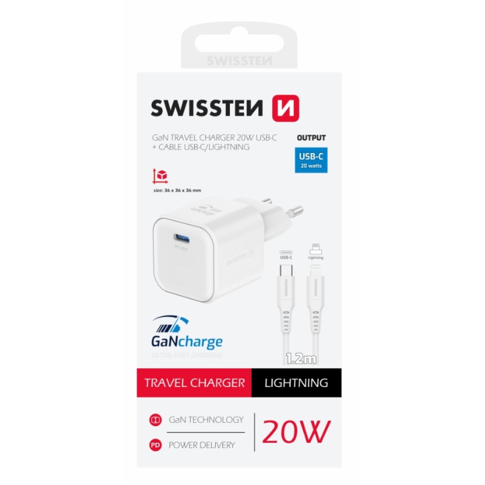Nabíjačka Swissten GaN 1x USB-C 20W Power Delivery + kábel USB-C/Lightning 1,2m - biela