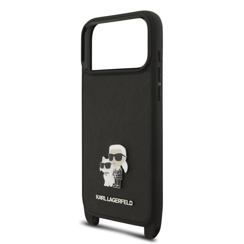 Karl Lagerfeld Saffiano Crossbody Strap Metal Karl and Choupette Zadný kryt pre iPhone 17 Pro Max Black