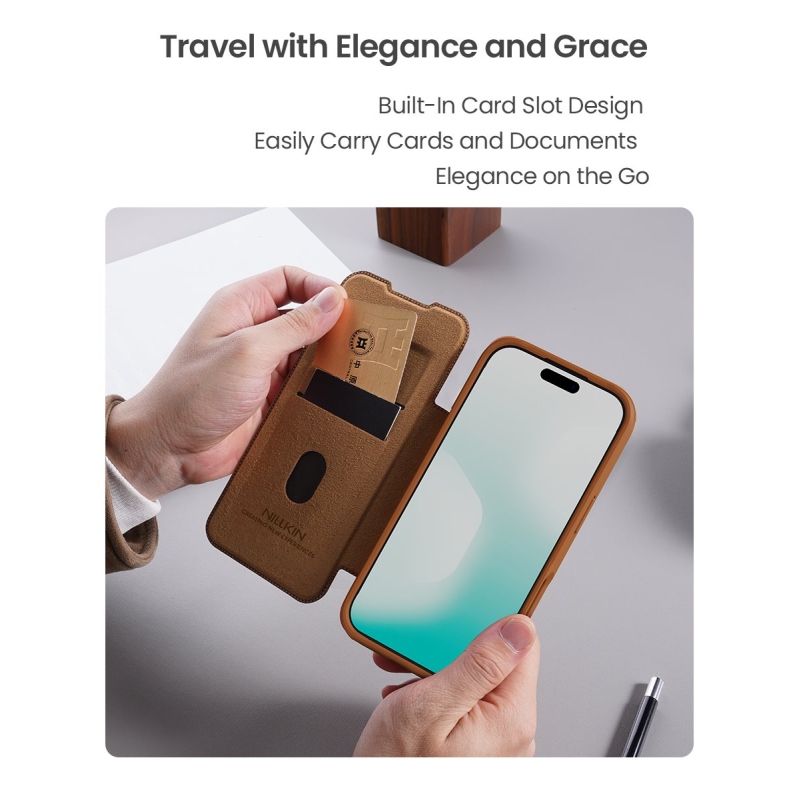 Nillkin Qin Book PRO puzdro pre Apple iPhone 17 Pro hnedé