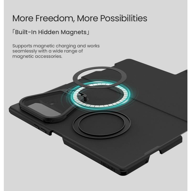 Nillkin Qin Book Prop – silikónovo-kožené magnetické puzdro pre Samsung Galaxy Z Fold 8, farba Ultra Black