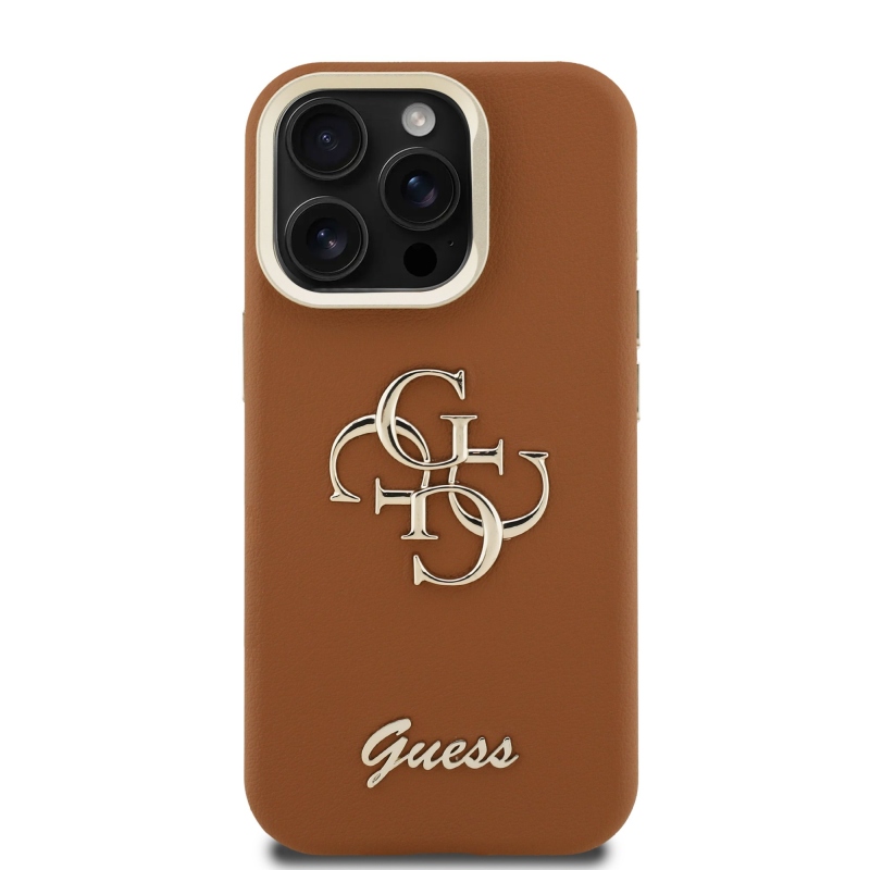 Guess PU Grained 4G Logo Stand Camera Frame Zadný Kryt pre iPhone 15 Pro Max Brown