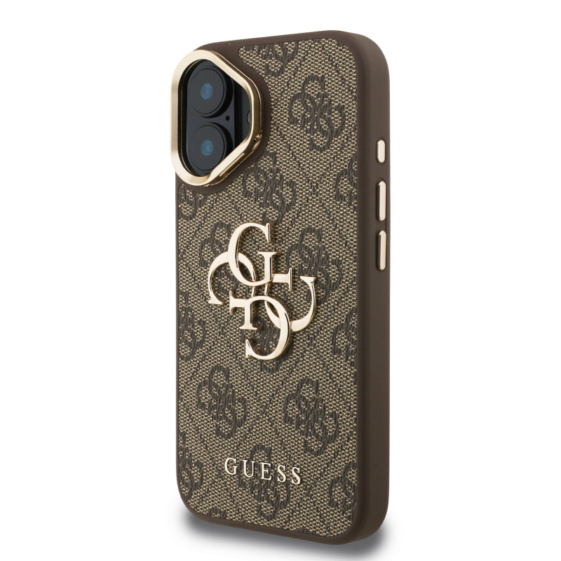 Guess PU 4G Metal Logo Stand Camera Frame Zadný Kryt pre iPhone 16 Brown