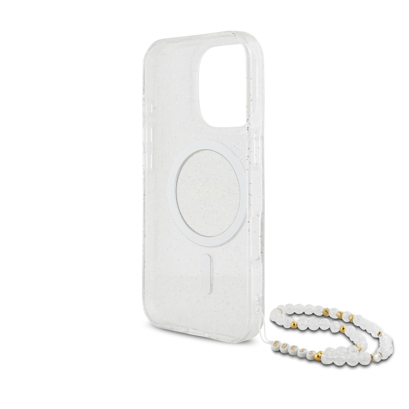 Guess IML Glitter Beads Strap MagSafe Zadný Kryt pre iPhone 16 Pro Max Transparent