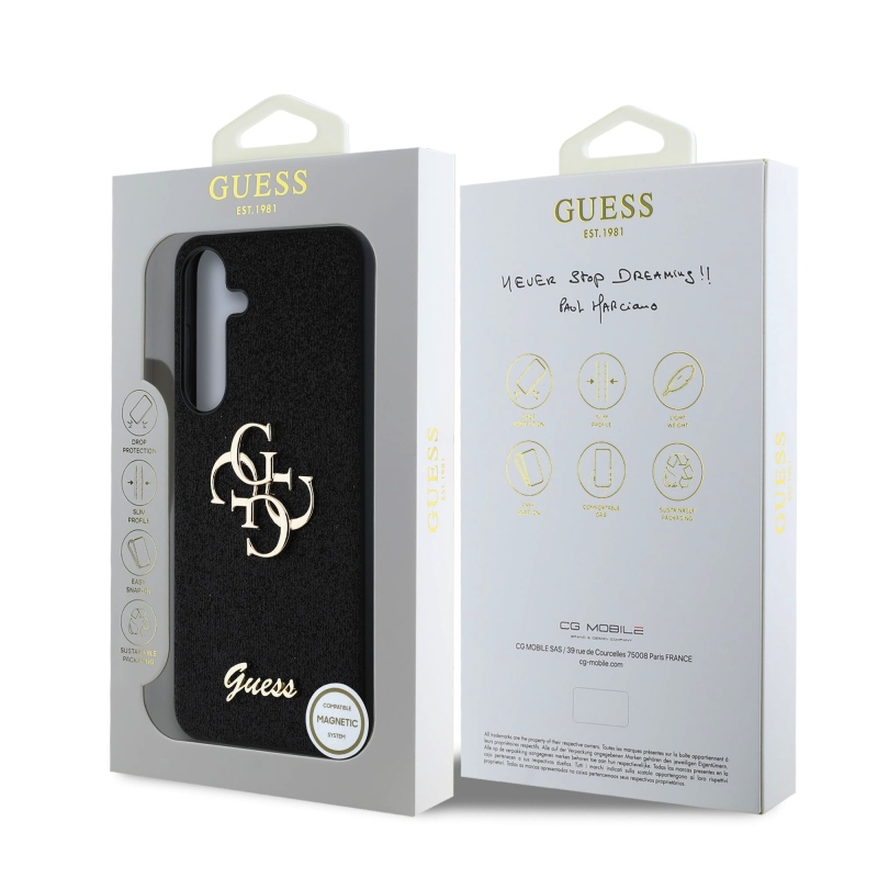 Guess PU Fixed Glitter 4G Metal Logo Zadný Kryt pre Samsung Galaxy S25 Black