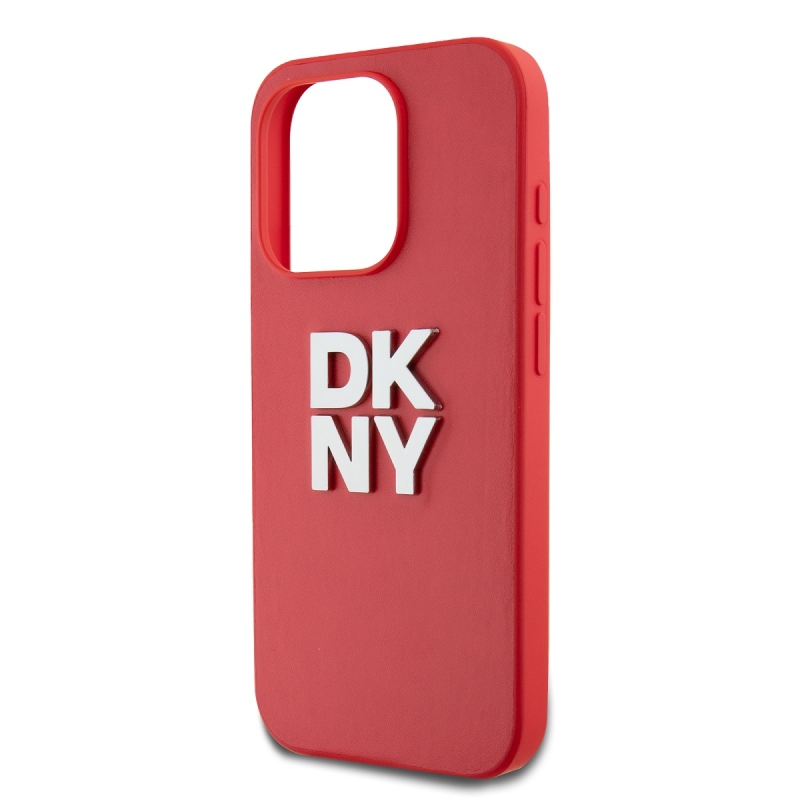 DKNY PU Leather Stack Logo Wrist Strap Zadný Kryt pre iPhone 15 Pro Max Red