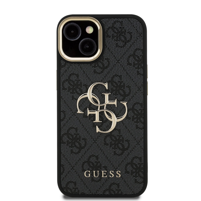 Guess PU 4G Metal Logo Stand Camera Frame Zadný Kryt pre iPhone 14 Black