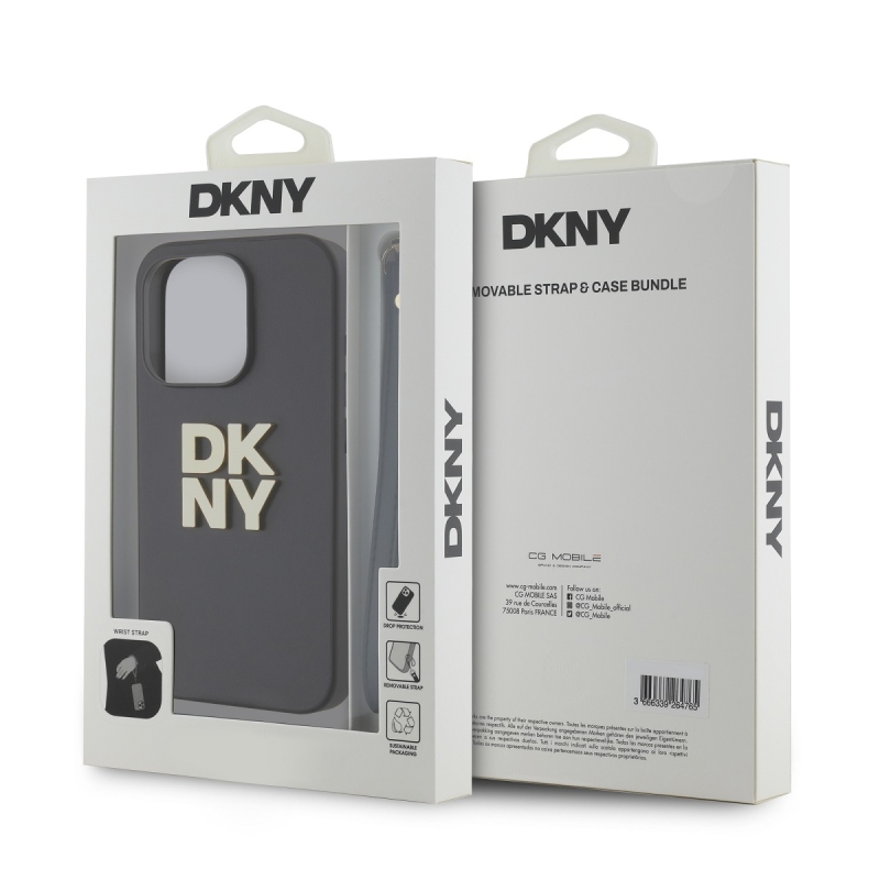 DKNY PU Leather Stack Logo Wrist Strap Zadný Kryt pre iPhone 14 Pro Black