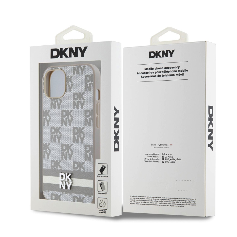 DKNY PU Leather Checkered Pattern and Stripe Zadný Kryt pre iPhone 13 Beige