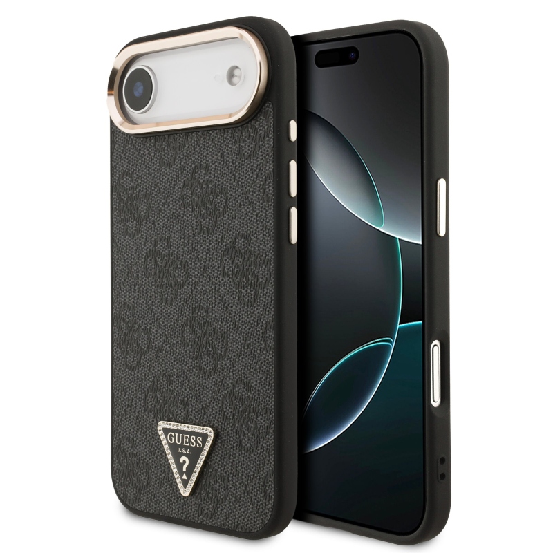 Guess PU kožený 4G štrasové trojuholníkové logo Gold Frame MagSafe zadný kryt pre iPhone Air Black