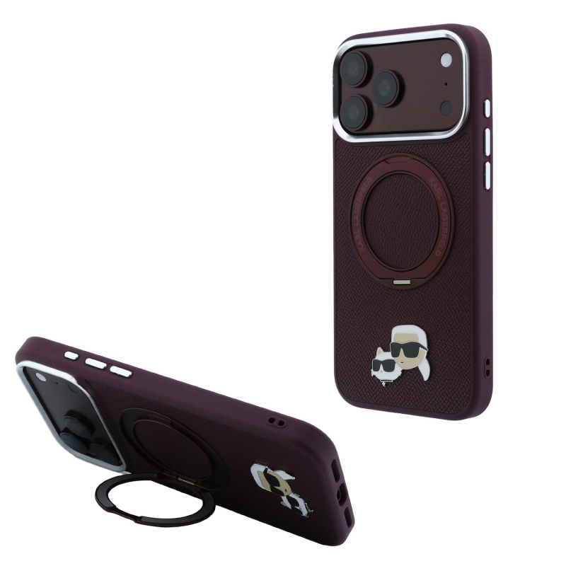 Karl Lagerfeld PU Grained K&CH Heads Ring Stand Magsafe zadný kryt pre iPhone 18 Pro, farba Burgundy