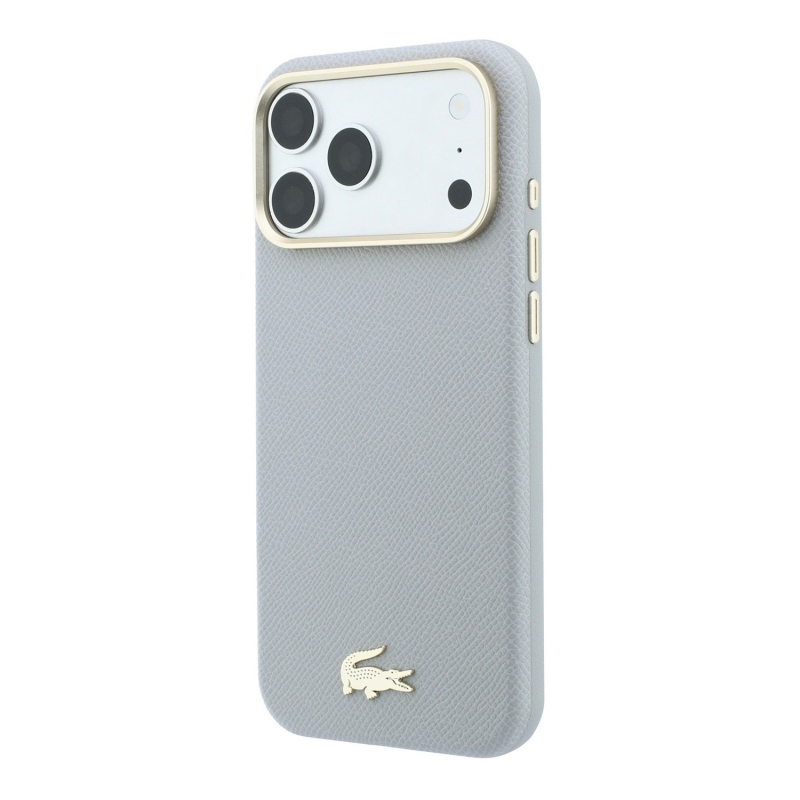 Lacoste PU kožený kryt Champs-Élysées so zlatým logom a MagSafe pre iPhone 18 Pro, svetlošedý