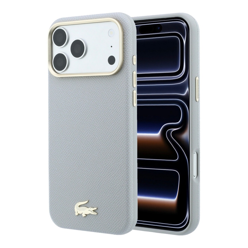 Lacoste PU kožený kryt Champs-Élysées so zlatým logom a MagSafe pre iPhone 18 Pro Max, svetlošedý