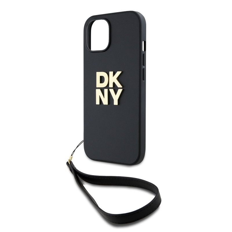 DKNY PU Leather Stack Logo Wrist Strap Zadný Kryt pre iPhone 13 Black