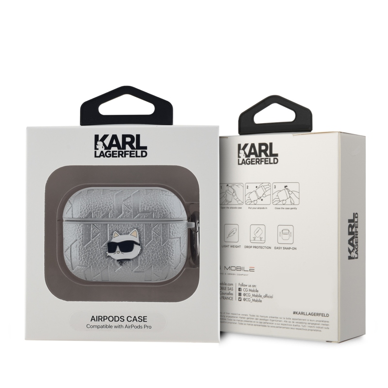 Karl Lagerfeld PU Embossed Choupette Head Puzdro pre AirPods Pro Silver