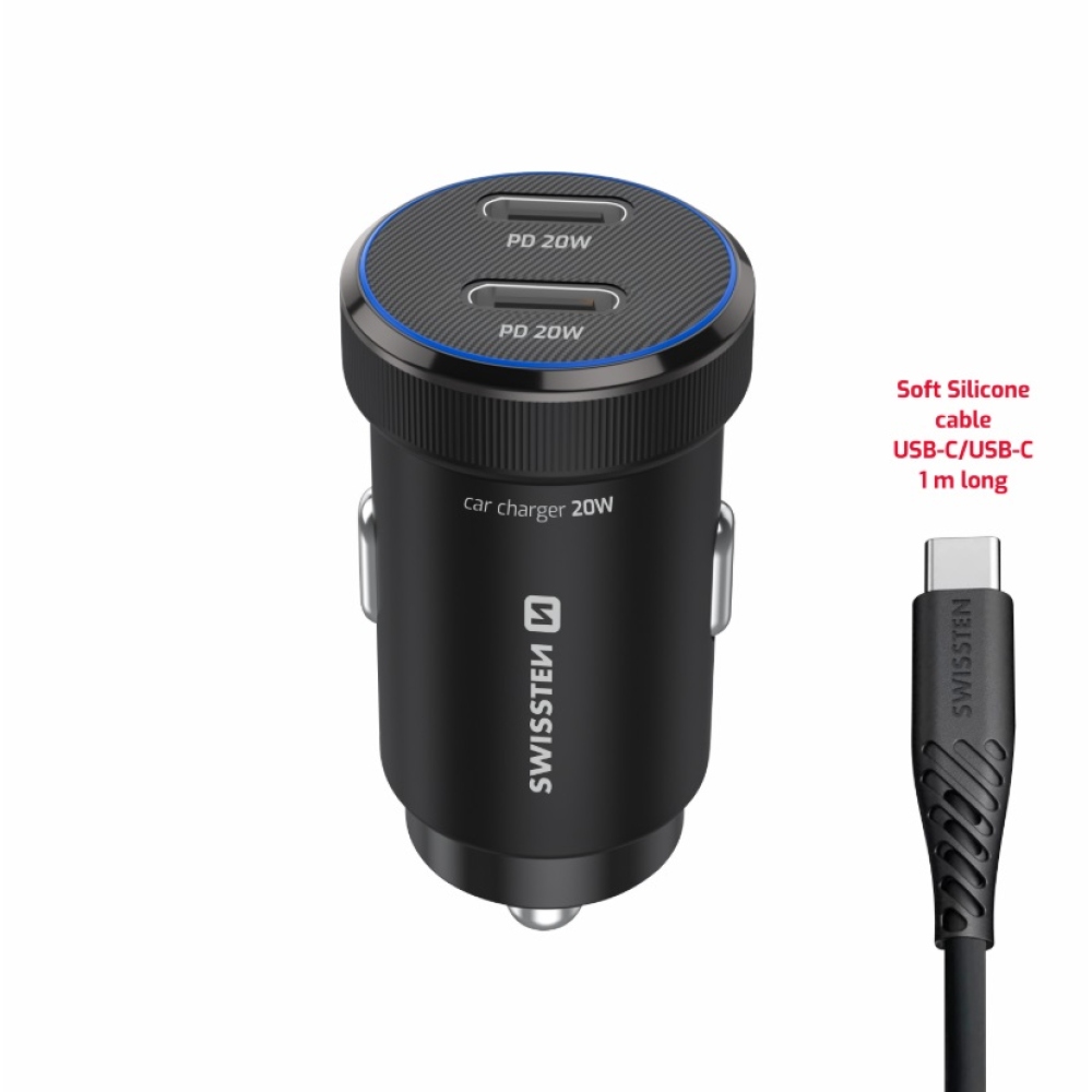 Swissten CL adaptér 2x USB-C PD, 20W - čierny + kábel USB-C/USB-C, 1m