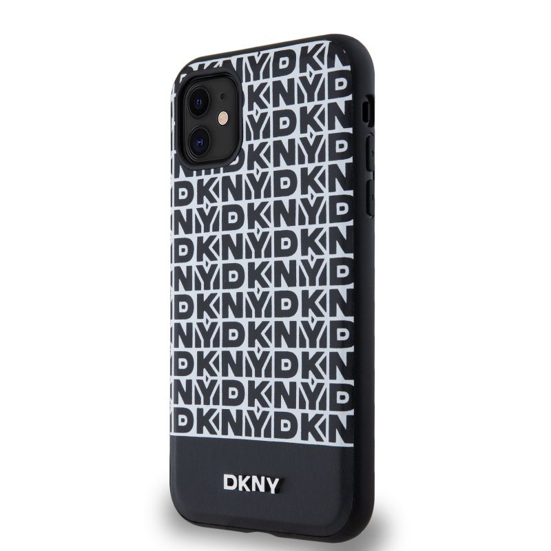 DKNY PU Leather Repeat Pattern Bottom Stripe MagSafe Zadný Kryt pre iPhone 11 Black