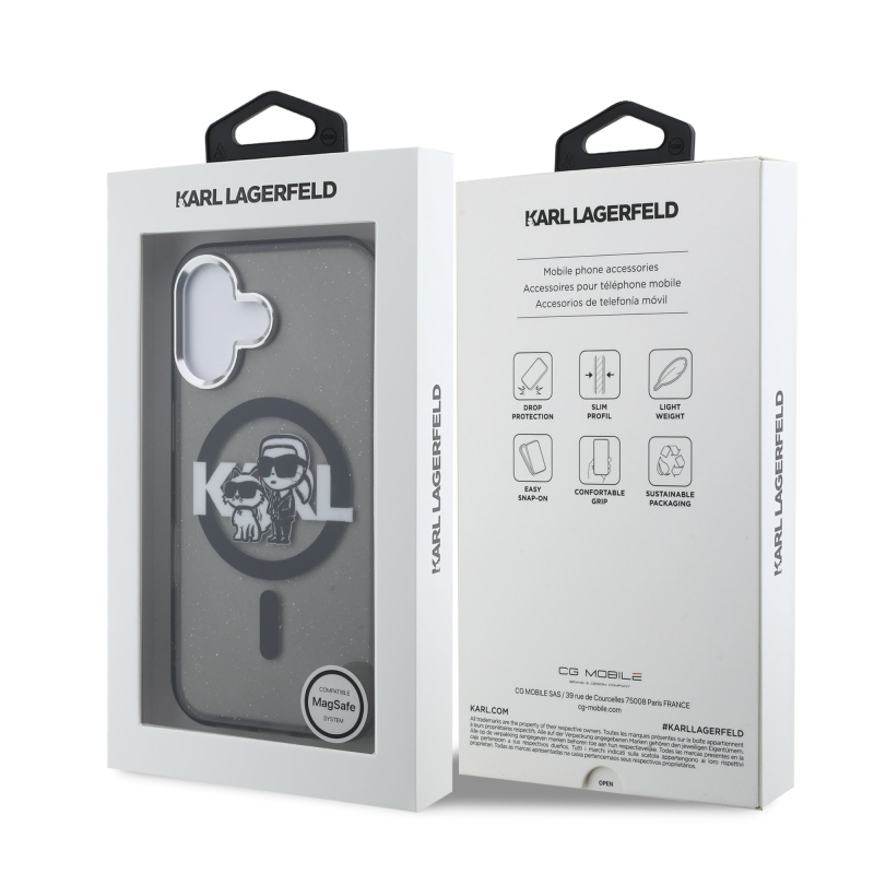 Karl Lagerfeld IML Glitter Karl and Choupette Sketch MagSafe Zadný Kryt pre iPhone 16 Black