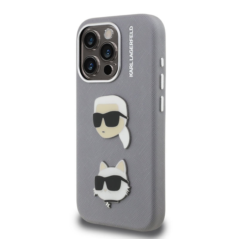 Karl Lagerfeld Grained PU K&CH Heads Zadný Kryt pre iPhone 15 Pro Max Grey