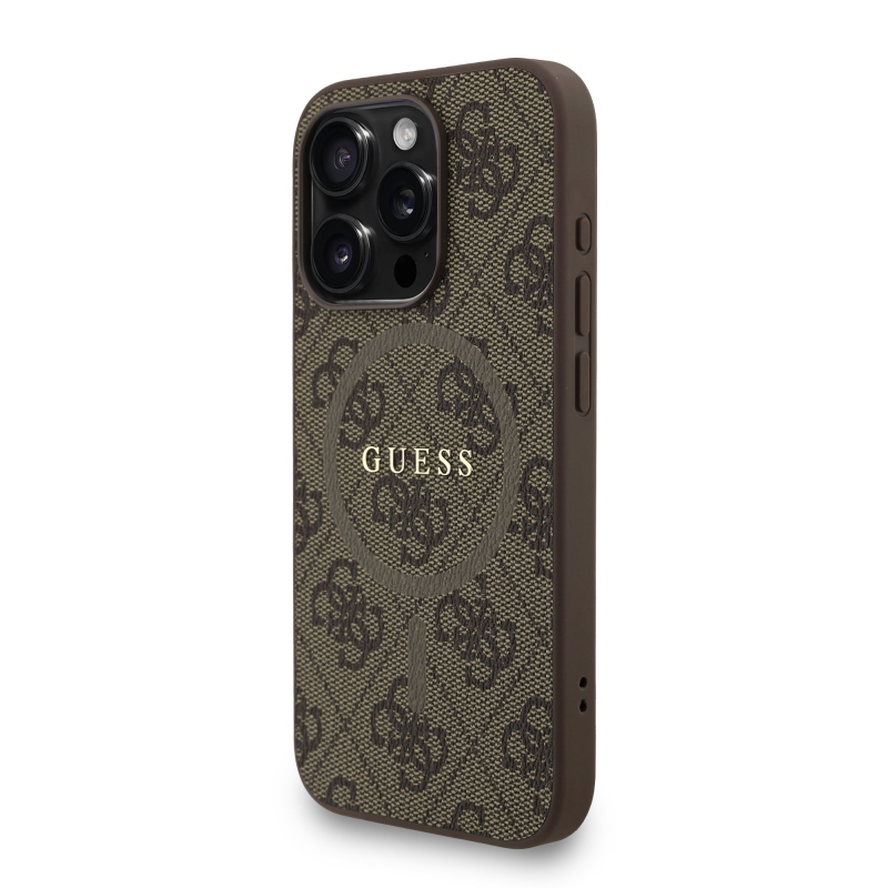 Guess PU Leather 4G Colored Ring Strap MagSafe Zadný Kryt pre iPhone 15 Pro Brown