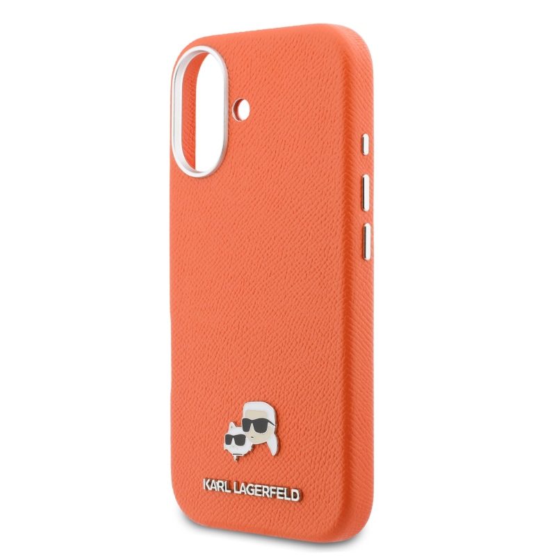 Karl Lagerfeld PU Karl and Choupette Heads Pins MagSafe Back Cover pre iPhone 17 Orange